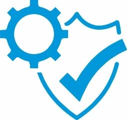 Blue gear, shield, and checkmark icon
