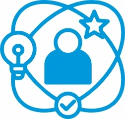 Blue person icon with symbols