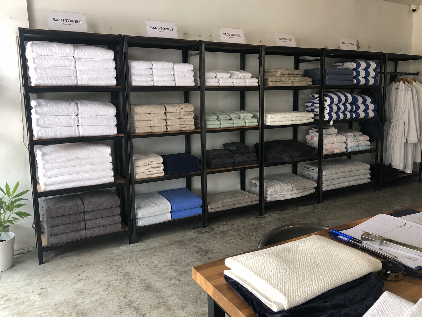 Hotel towels organized on shelves by type and color.