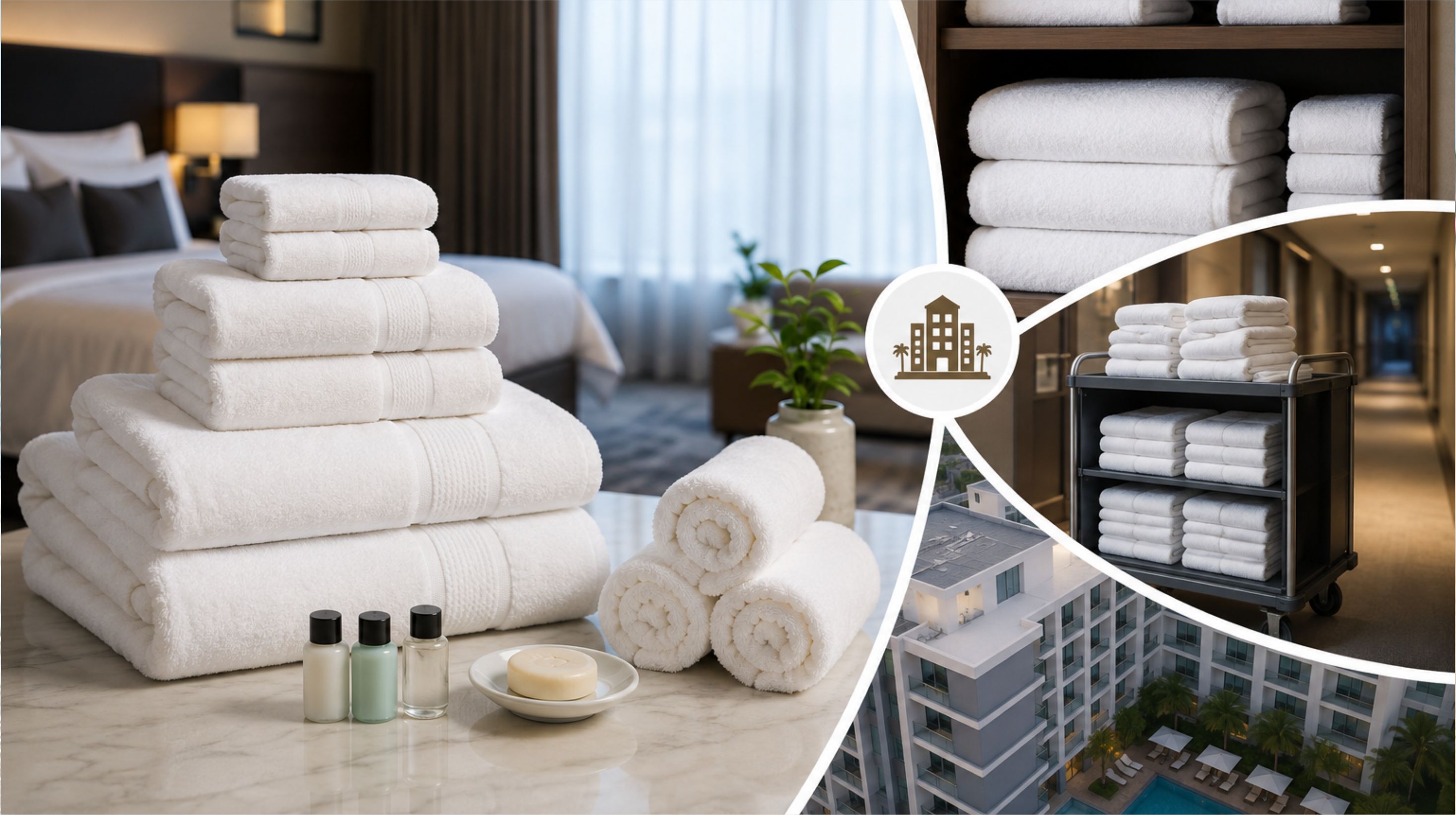 Luxury hotel towels displayed with a housekeeping trolley and resort setting.