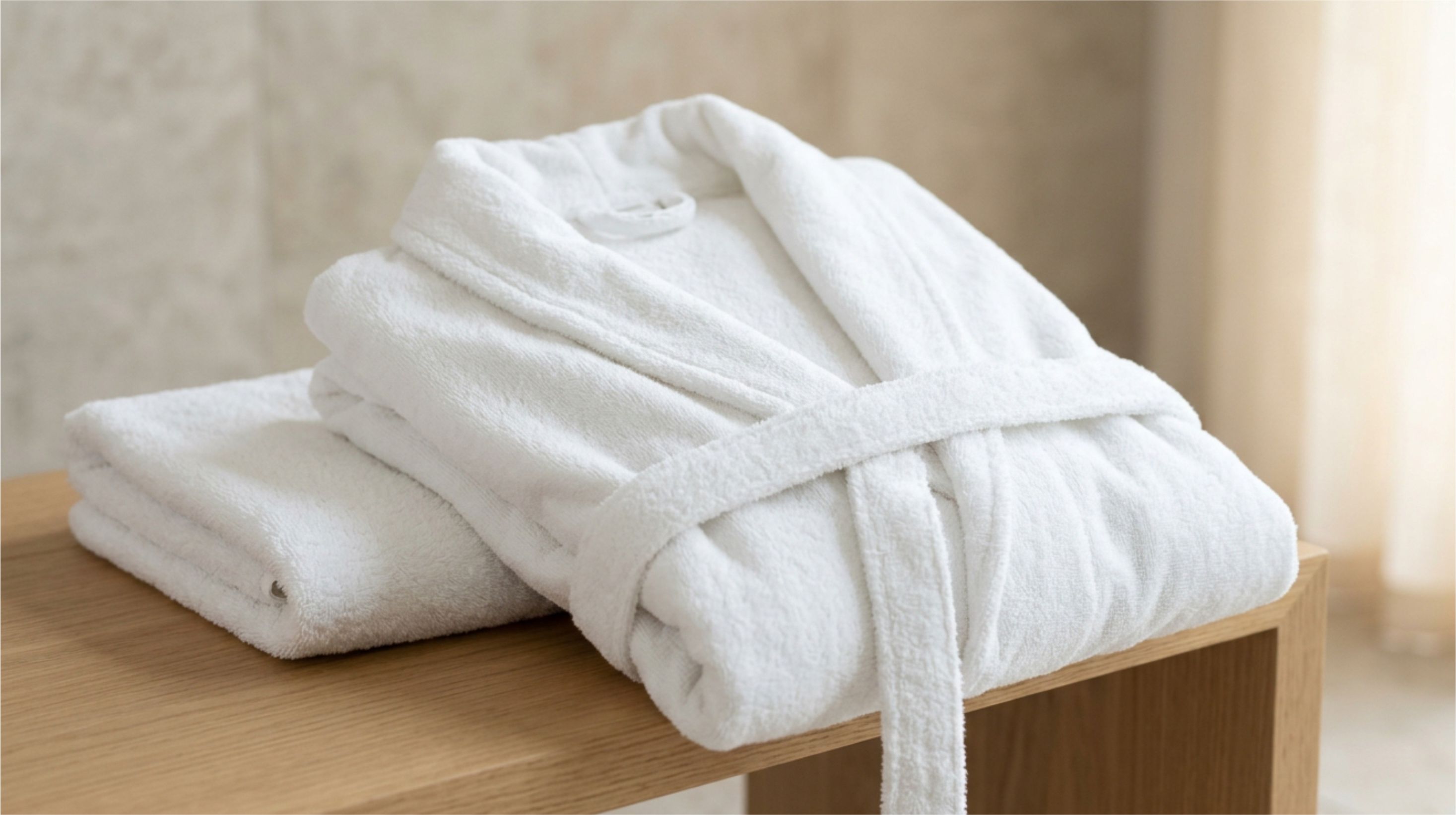 Folded white hotel bathrobes in terry, waffle, and velour fabric side by side