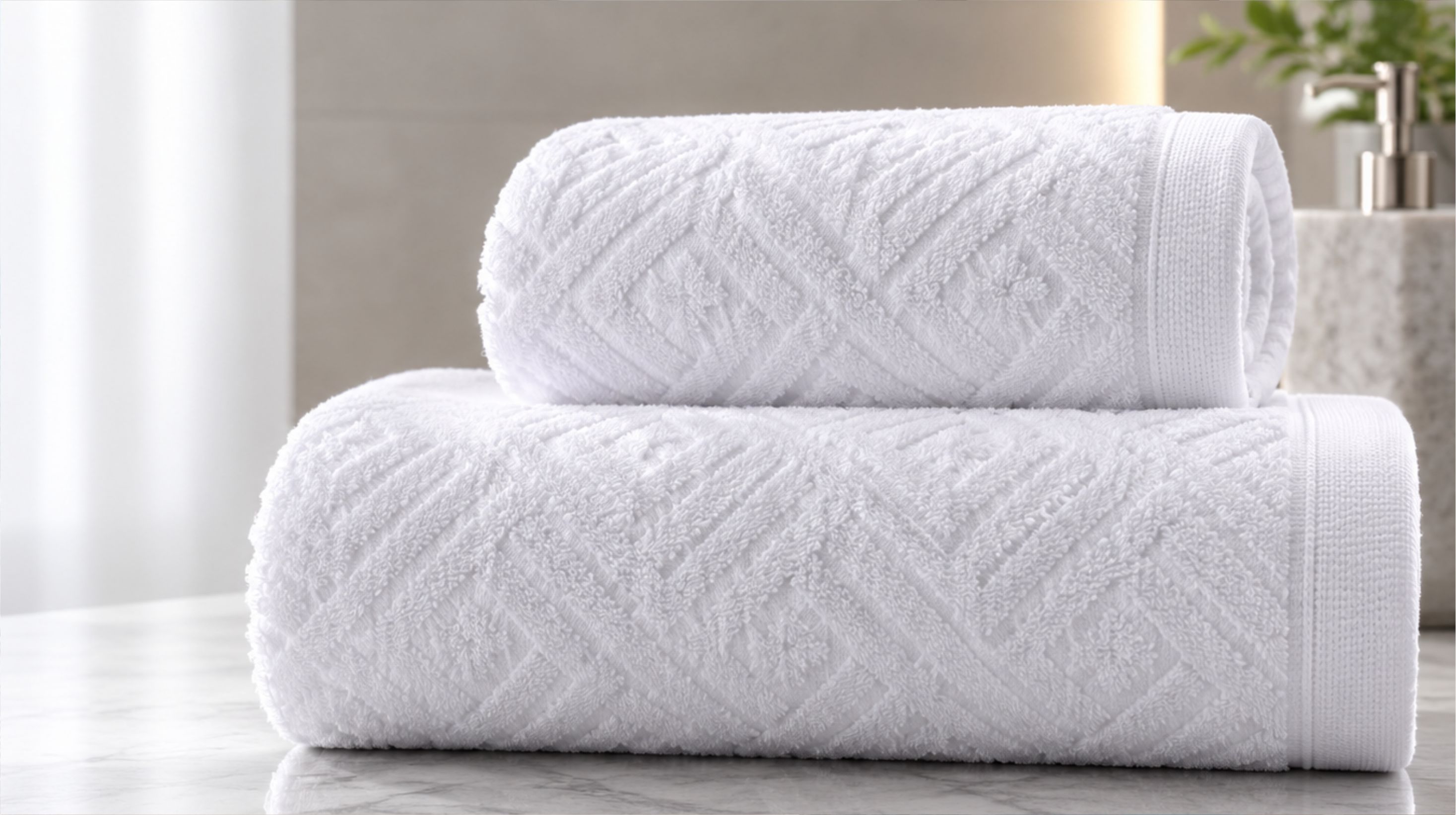 Luxury hotel towels displayed with a housekeeping trolley and resort setting.