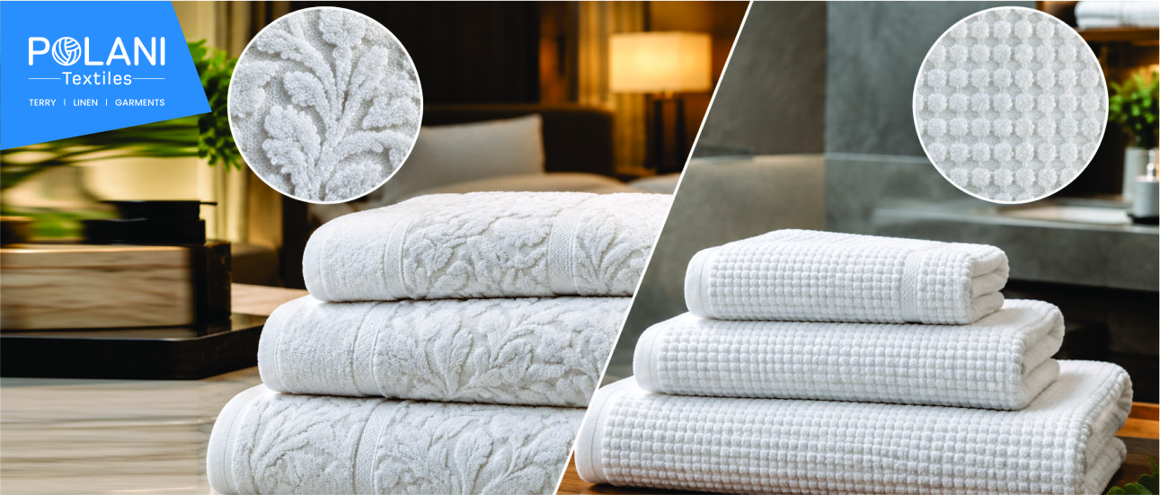 Luxury hotel towels displayed with a housekeeping trolley and resort setting.