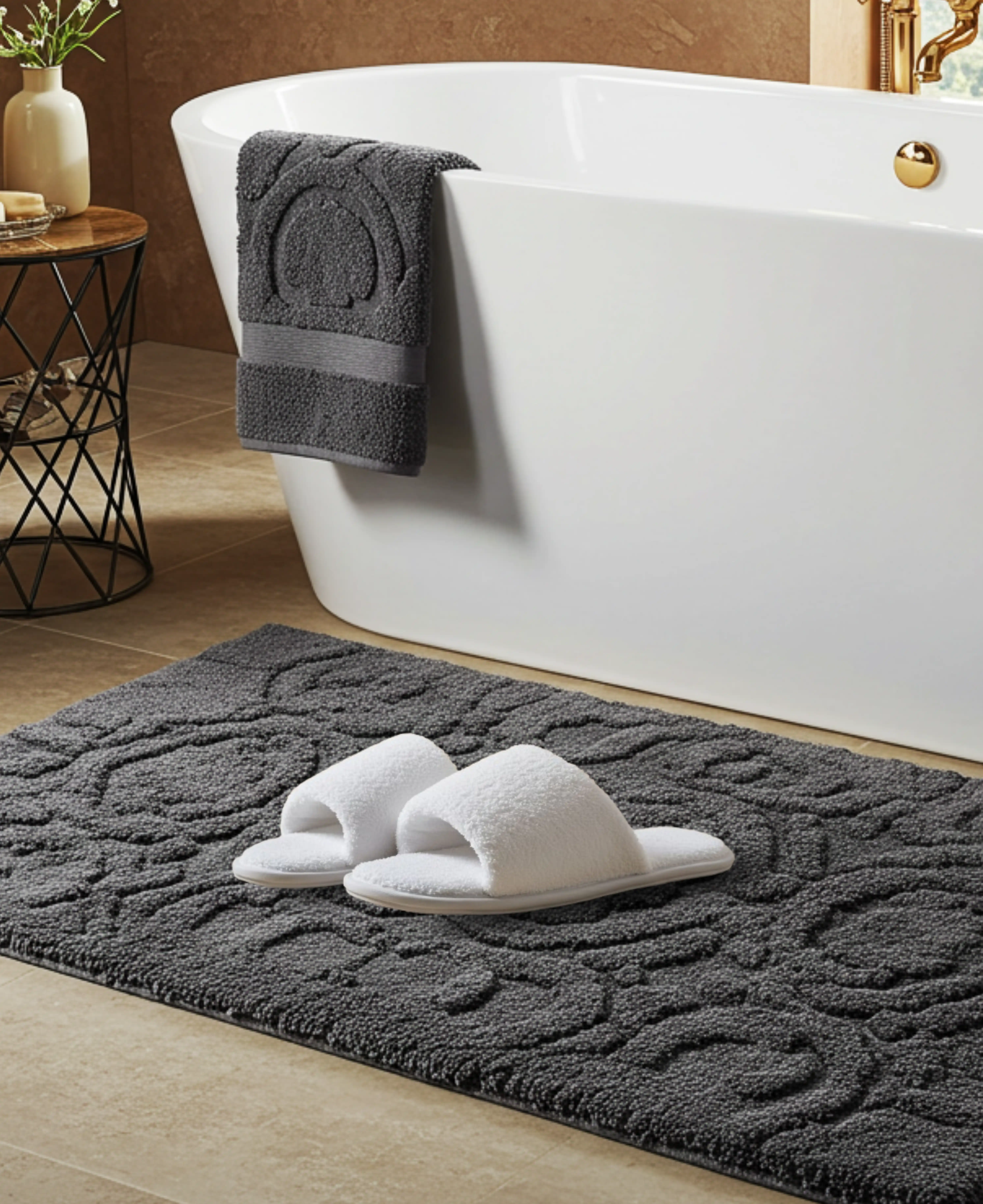 bath tub with gray mat and towel