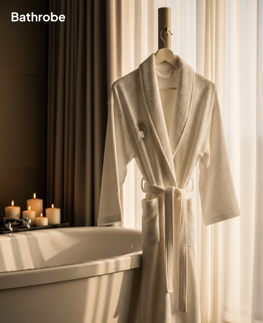 Person in bathrobe by doorway