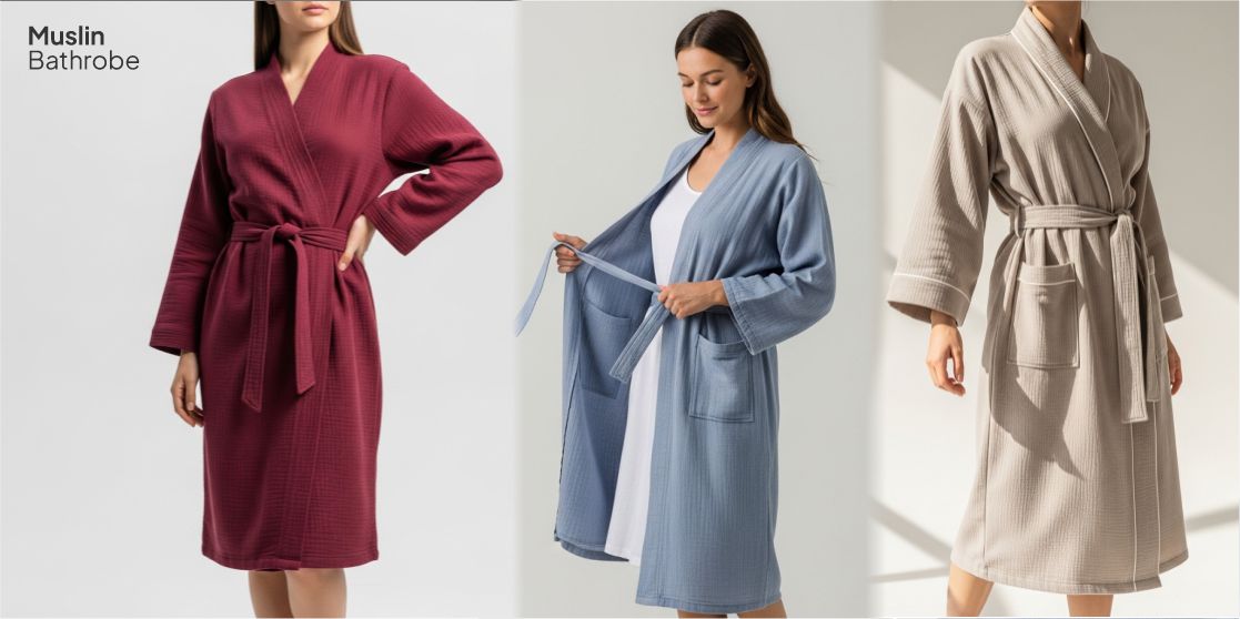 Woman in gray bathrobe holding mug.