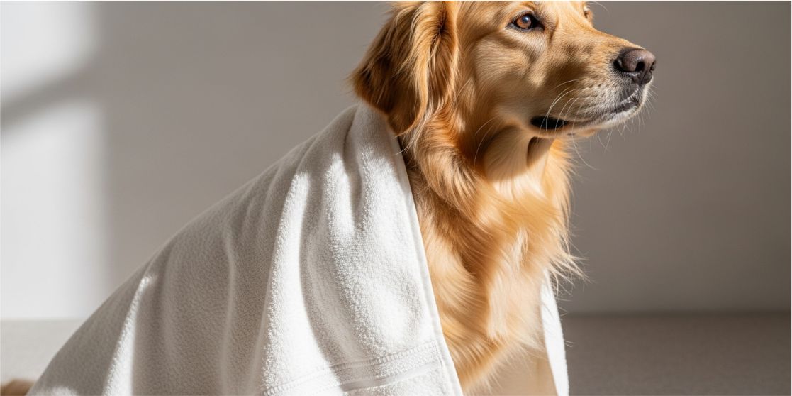 Stack of white Supima towels on marble counter.