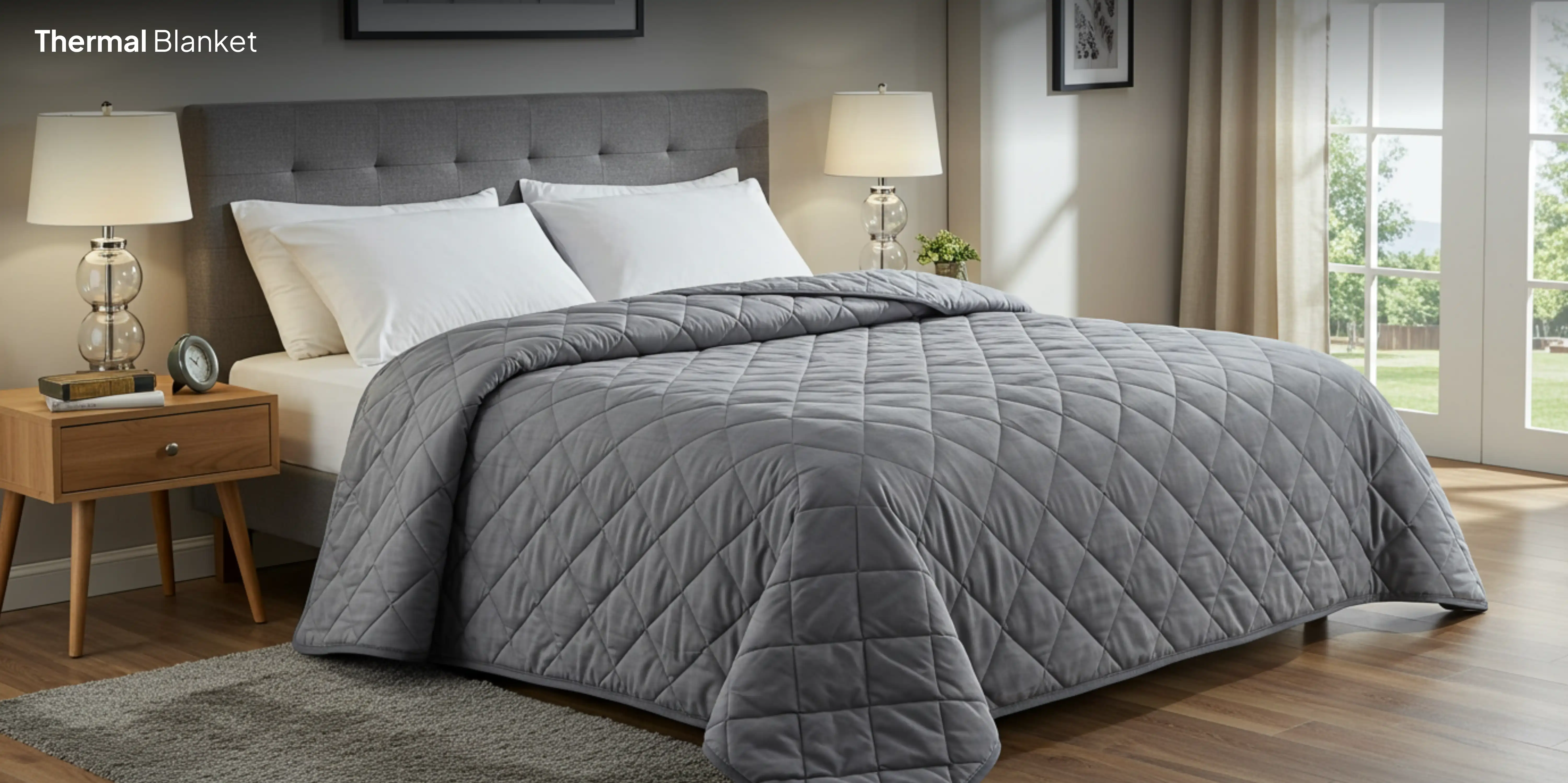 Cozy bedroom with gray thermal blanket.
