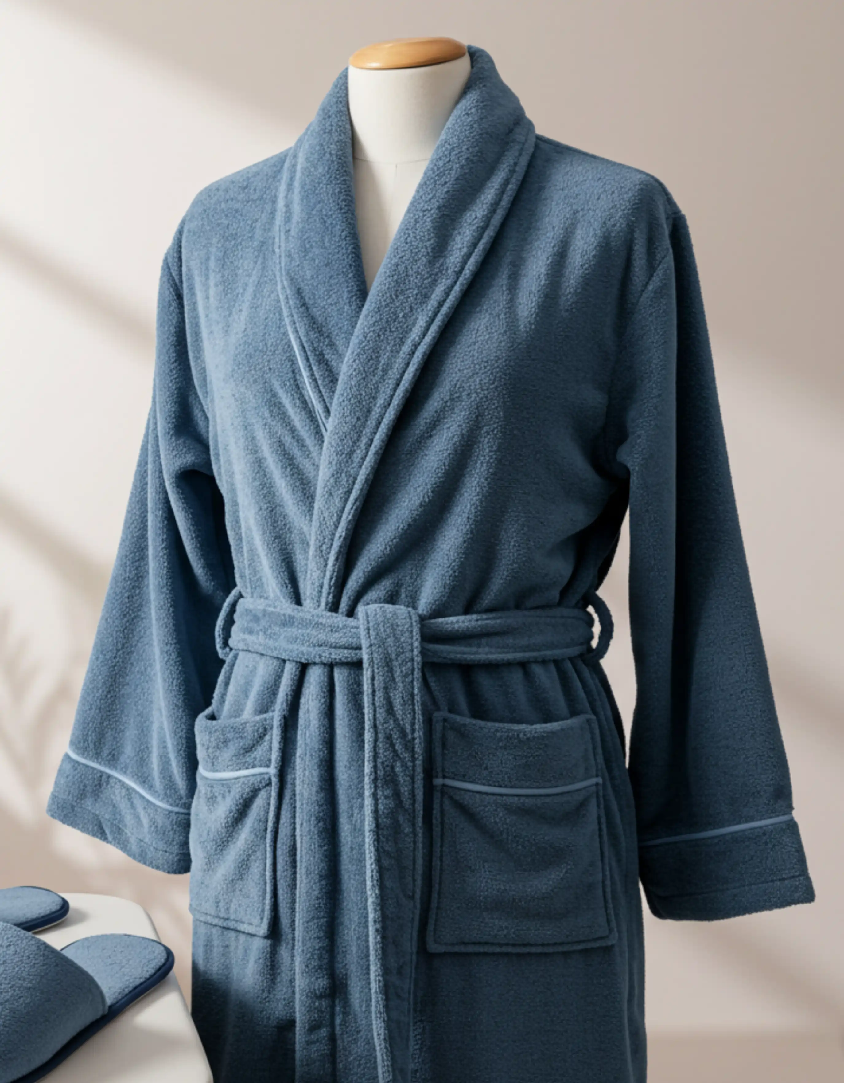 Dusty blue bathrobe with slippers.