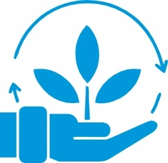 Blue hand holding plant icon