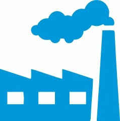 Blue factory icon with smokestack