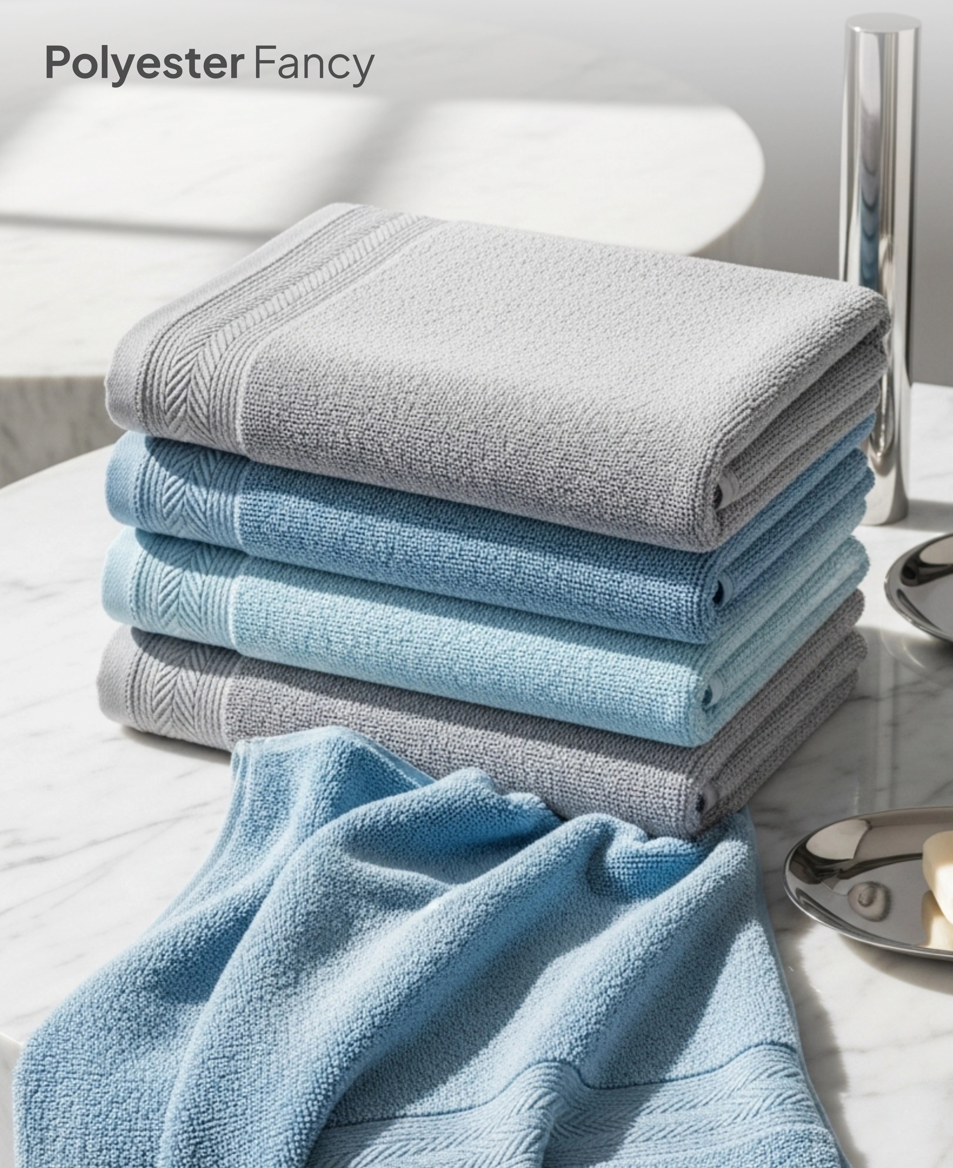 Folded blue and gray towels on marble